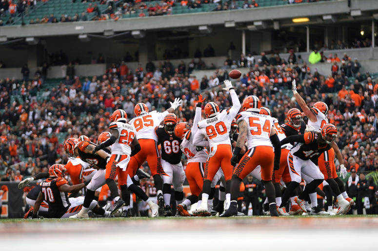 Cincinnati Bengals kicker Randy Bullock (not pictured) misses an extra point attempt against the Cleveland Browns in the first half at Paul Brown Stadium. Cincinnati Bengals kicker Randy Bullock (not pictured) misses an extra point attempt against the Cleveland Browns in the first half at Paul Brown Stadium.