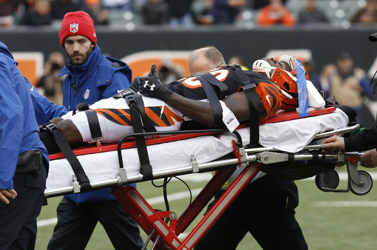 Cincinnati Bengals cornerback Tony McRae (29) is taken off the field after being hurt during the second half against the Cleveland Browns at Paul Brown Stadium. Cincinnati Bengals cornerback Tony McRae (29) is taken off the field after being hurt during the second half against the Cleveland Browns at Paul Brown Stadium.