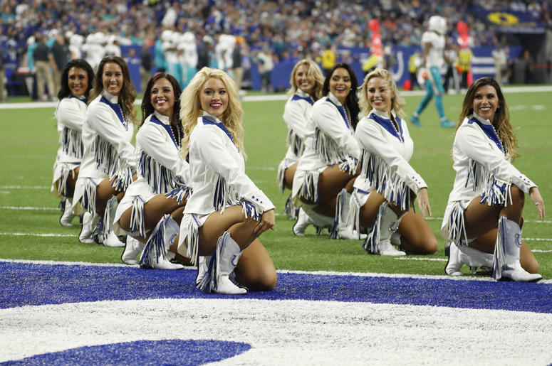 ndianapolis Colts cheerleaders perform a dance routine in a game against the Miami Dolphins during the first quarter at Lucas Oil Stadium. ndianapolis Colts cheerleaders perform a dance routine in a game against the Miami Dolphins during the first quarter at Lucas Oil Stadium.