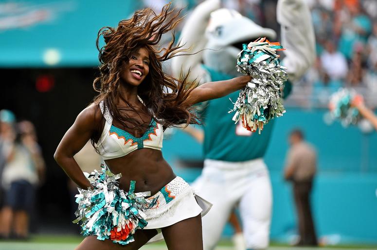 Dec 9, 2018; Miami Gardens, FL, USA; A Miami Dolphins cheerleader performs during the second half between the Miami Dolphins and the New England Patriots at Hard Rock Stadium. Mandatory Credit: Jasen Vinlove-USA TODAY Sports Dec 9, 2018; Miami Gardens, FL, USA; A Miami Dolphins cheerleader performs during the second half between the Miami Dolphins and the New England Patriots at Hard Rock Stadium. Mandatory Credit: Jasen Vinlove-USA TODAY Sports
