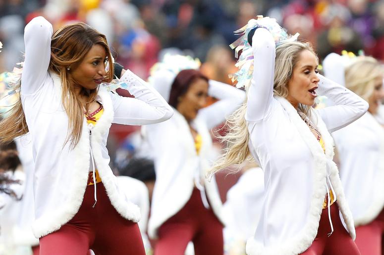 Dec 9, 2018; Landover, MD, USA; Washington Redskins cheerleaders dance on the field during a timeout against the New York Giants in the second quarter at FedEx Field. The Giants won 40-16. Mandatory Credit: Geoff Burke-USA TODAY Sports Dec 9, 2018; Landover, MD, USA; Washington Redskins cheerleaders dance on the field during a timeout against the New York Giants in the second quarter at FedEx Field. The Giants won 40-16. Mandatory Credit: Geoff Burke-USA TODAY Sports