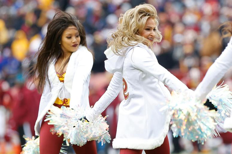 Dec 9, 2018; Landover, MD, USA; Washington Redskins cheerleaders dance on the field during a timeout against the New York Giants in the second quarter at FedEx Field. The Giants won 40-16. Mandatory Credit: Geoff Burke-USA TODAY Sports Dec 9, 2018; Landover, MD, USA; Washington Redskins cheerleaders dance on the field during a timeout against the New York Giants in the second quarter at FedEx Field. The Giants won 40-16. Mandatory Credit: Geoff Burke-USA TODAY Sports