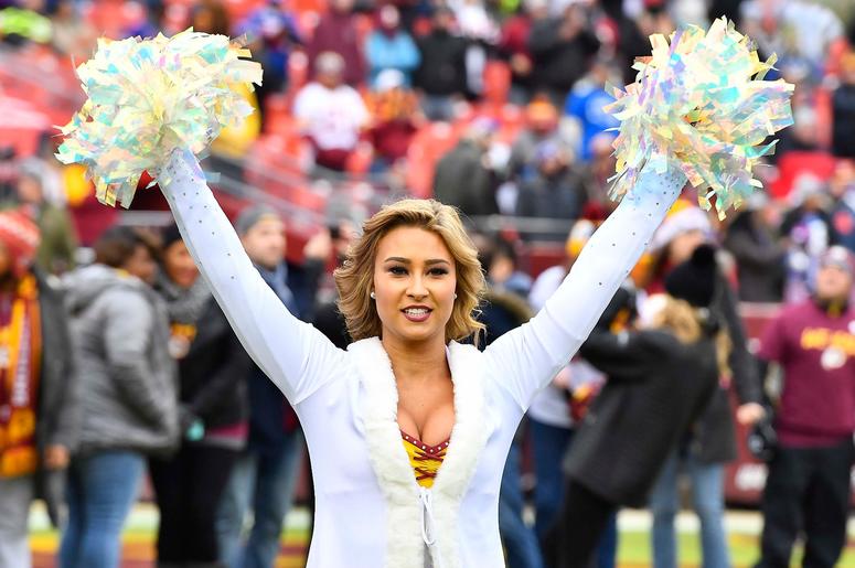 Dec 9, 2018; Landover, MD, USA; Washington Redskins cheerleader performs against the New York Giants during the first half at FedEx Field. Mandatory Credit: Brad Mills-USA TODAY Sports Dec 9, 2018; Landover, MD, USA; Washington Redskins cheerleader performs against the New York Giants during the first half at FedEx Field. Mandatory Credit: Brad Mills-USA TODAY Sports