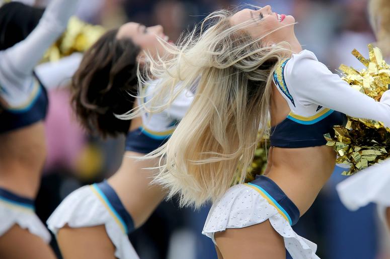 Dec 9, 2018; Carson, CA, USA; The Los Angeles Chargers cheerleaders perform between the first and second quarters of the game , Sunday, Dec. 9, 2018, at StubHub Center in Carson, California. Mandatory Credit: Kareem Elgazzar/The Cincinnati Enquirer-USA TO Dec 9, 2018; Carson, CA, USA; The Los Angeles Chargers cheerleaders perform between the first and second quarters of the game , Sunday, Dec. 9, 2018, at StubHub Center in Carson, California. Mandatory Credit: Kareem Elgazzar/The Cincinnati Enquirer-USA TO