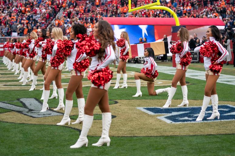 December 9, 2018; Santa Clara, CA, USA; San Francisco 49ers cheerleader Kayla Morris kneels during the national anthem before the game against the Denver Broncos at Levi's Stadium. Mandatory Credit: Kyle Terada-USA TODAY Sports December 9, 2018; Santa Clara, CA, USA; San Francisco 49ers cheerleader Kayla Morris kneels during the national anthem before the game against the Denver Broncos at Levi's Stadium. Mandatory Credit: Kyle Terada-USA TODAY Sports