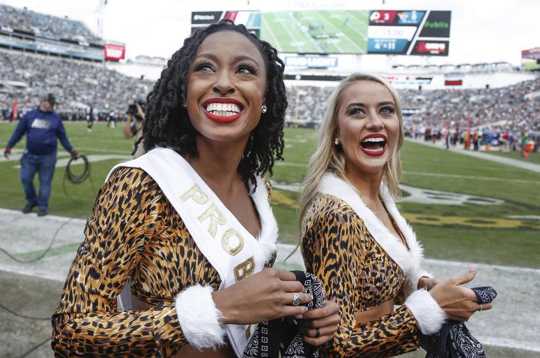acksonville Jaguars cheerleader Jada (left) smiles after being selected to represent her team at the Pro Bowl during the first quarter against the Washington Redskins at TIAA Bank Field. acksonville Jaguars cheerleader Jada (left) smiles after being selected to represent her team at the Pro Bowl during the first quarter against the Washington Redskins at TIAA Bank Field.