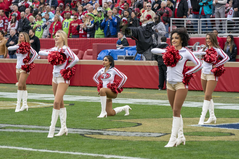 San Francisco 49ers cheerleader Kayla Morris kneels during the national anthem before the game against the Seattle Seahawks at Levi's Stadium. San Francisco 49ers cheerleader Kayla Morris kneels during the national anthem before the game against the Seattle Seahawks at Levi's Stadium.