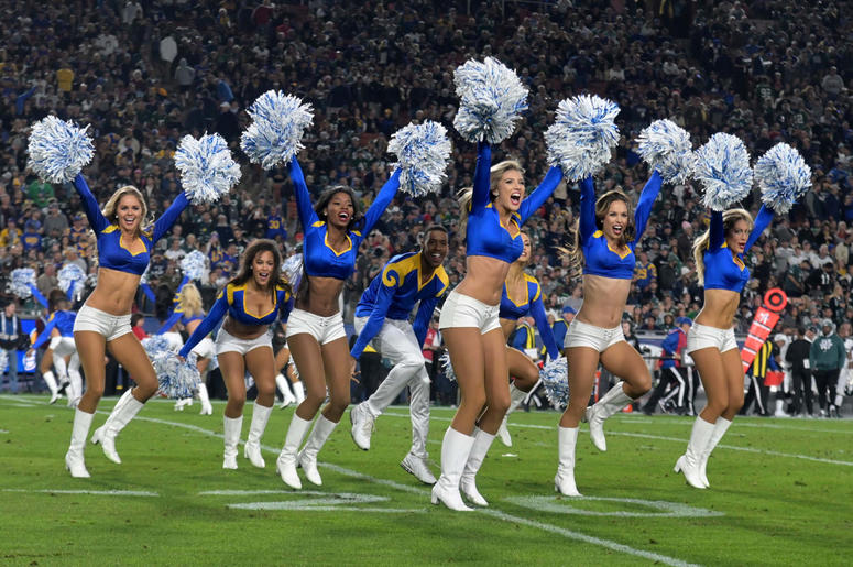 Los Angeles Rams cheerleaders perform against the Philadelphia Eagles during the first half at Los Angeles Memorial Coliseum. Los Angeles Rams cheerleaders perform against the Philadelphia Eagles during the first half at Los Angeles Memorial Coliseum.
