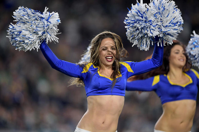 Los Angeles Rams cheerleaders perform against the Philadelphia Eagles during the first half at Los Angeles Memorial Coliseum. Los Angeles Rams cheerleaders perform against the Philadelphia Eagles during the first half at Los Angeles Memorial Coliseum.