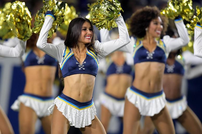 os Angeles Chargers cheerleaders perform against the Baltimore Ravens during the first half at StubHub Center. os Angeles Chargers cheerleaders perform against the Baltimore Ravens during the first half at StubHub Center.