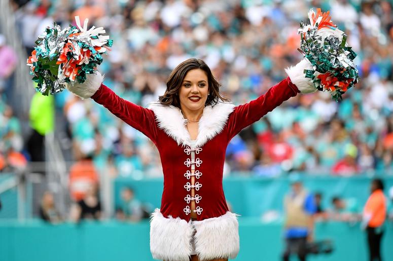 A Miami Dolphins cheerleader performs during the second half against the Jacksonville Jaguars at Hard Rock Stadium. A Miami Dolphins cheerleader performs during the second half against the Jacksonville Jaguars at Hard Rock Stadium.