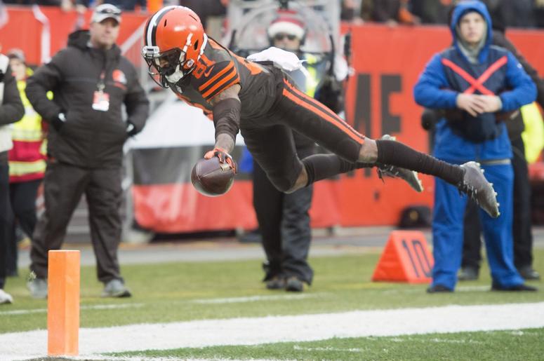 Cleveland Browns wide receiver Rashard Higgins (81) dives into the end zone for a touchdown during the second half against the Cincinnati Bengals at FirstEnergy Stadium. Cleveland Browns wide receiver Rashard Higgins (81) dives into the end zone for a touchdown during the second half against the Cincinnati Bengals at FirstEnergy Stadium.