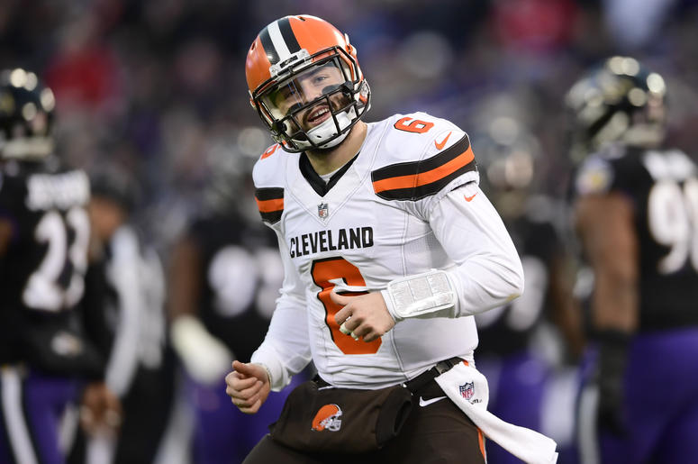 Dec 30, 2018; Baltimore, MD, USA; Cleveland Browns quarterback Baker Mayfield (6) reacts after throwing a touchdown to wide receiver Breshad Perriman (not pictured) during the first quarter against the Baltimore Ravens at M&T Bank Stadium. Mandatory Credi
