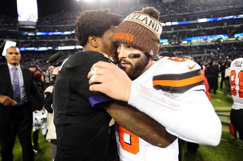 Baltimore Ravens quarterback Lamar Jackson (8) is congratulated by Cleveland Browns quarterback Baker Mayfield (6) after the game at M&T Bank Stadium. Baltimore Ravens quarterback Lamar Jackson (8) is congratulated by Cleveland Browns quarterback Baker Mayfield (6) after the game at M&T Bank Stadium.