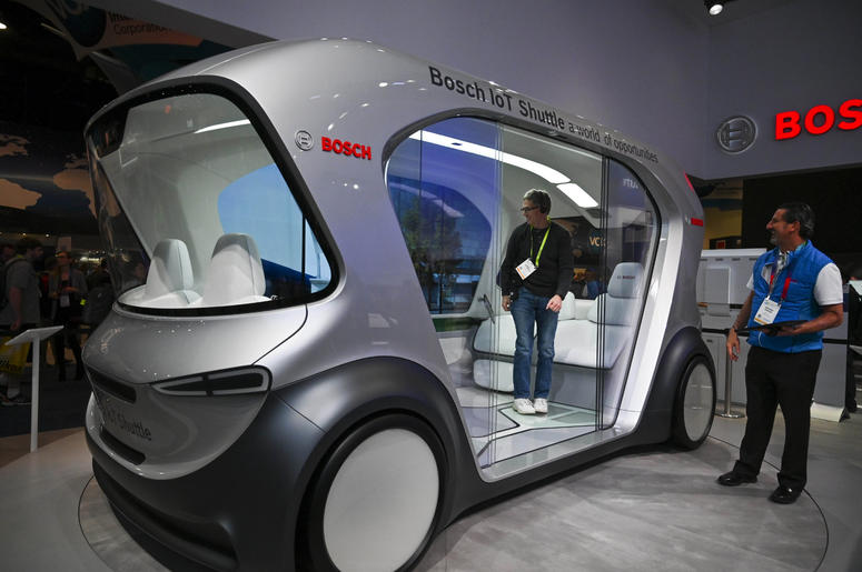 Jan 8, 2019; Las Vegas, NV; Bosch shows off a concept vehicle, the IoT Shuttle during the opening day of Consumer Electronics Show 2019 at the Las Vegas Convention Center. The driverless shuttle van was designed to show off the company's technologies. Jan 8, 2019; Las Vegas, NV; Bosch shows off a concept vehicle, the IoT Shuttle during the opening day of Consumer Electronics Show 2019 at the Las Vegas Convention Center. The driverless shuttle van was designed to show off the company's technologies.