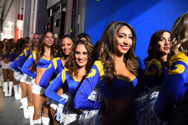 Los Angeles Rams cheerleaders line up before Super Bowl LIII against the New England Patriots at Mercedes-Benz Stadium. Los Angeles Rams cheerleaders line up before Super Bowl LIII against the New England Patriots at Mercedes-Benz Stadium.