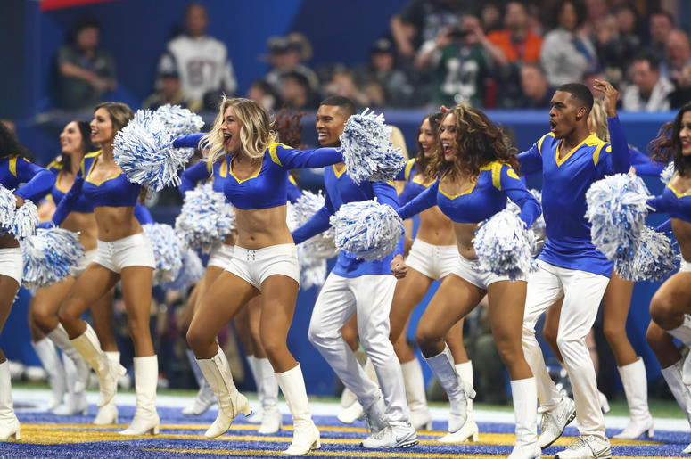 os Angeles Rams cheerleaders perform against the New England Patriots in the third quarter in Super Bowl LIII at Mercedes-Benz Stadium. os Angeles Rams cheerleaders perform against the New England Patriots in the third quarter in Super Bowl LIII at Mercedes-Benz Stadium.