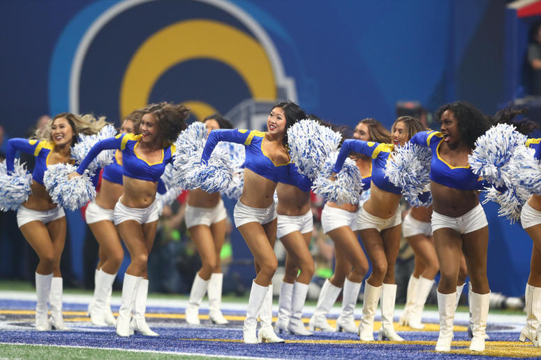 Los Angeles Rams cheerleaders perform against the New England Patriots in the third quarter in Super Bowl LIII at Mercedes-Benz Stadium. Los Angeles Rams cheerleaders perform against the New England Patriots in the third quarter in Super Bowl LIII at Mercedes-Benz Stadium.
