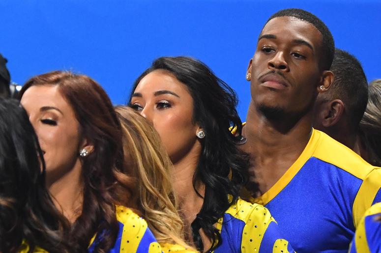 Los Angeles Rams cheerleaders look on during the second half against the New England Patriots in Super Bowl LIII at Mercedes-Benz Stadium. Los Angeles Rams cheerleaders look on during the second half against the New England Patriots in Super Bowl LIII at Mercedes-Benz Stadium.
