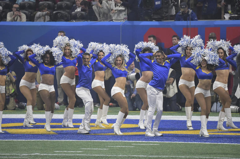 Los Angeles Rams cheerleaders perform in the end zone in Super Bowl LIII at Mercedes-Benz Stadium. Los Angeles Rams cheerleaders perform in the end zone in Super Bowl LIII at Mercedes-Benz Stadium.