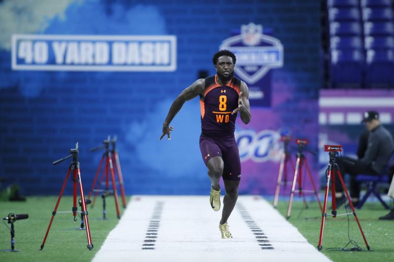 Ohio State wide receiver Parris Campbell (WO08) runs the 40 yard dash during the 2019 NFL Combine at Lucas Oil Stadium. Ohio State wide receiver Parris Campbell (WO08) runs the 40 yard dash during the 2019 NFL Combine at Lucas Oil Stadium.