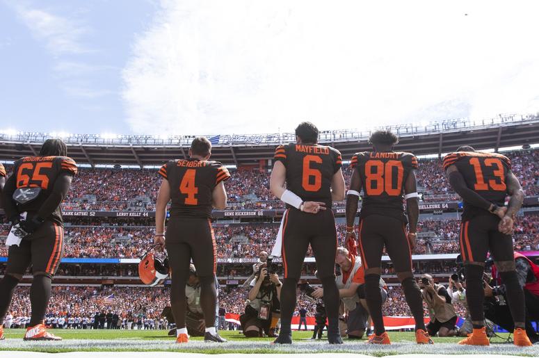 he Cleveland Browns stand on the sideline during the national anthem before the game against the Tennessee Titans at FirstEnergy Stadium. he Cleveland Browns stand on the sideline during the national anthem before the game against the Tennessee Titans at FirstEnergy Stadium.
