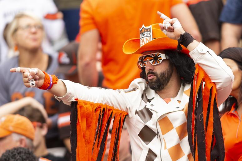 A Cleveland Browns fan cheers during the third quarter against the Tennessee Titans at FirstEnergy Stadium. A Cleveland Browns fan cheers during the third quarter against the Tennessee Titans at FirstEnergy Stadium.