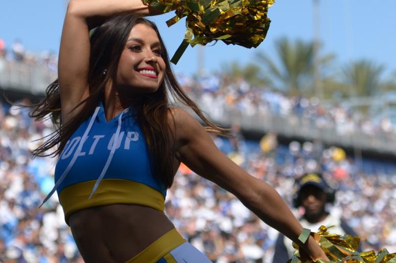 A Los Angeles Chargers cheerleader performs during the third quarter against the Indianapolis Colts at Dignity Health Sports Park. A Los Angeles Chargers cheerleader performs during the third quarter against the Indianapolis Colts at Dignity Health Sports Park.