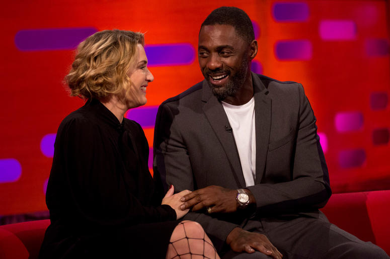 Kate Winslet and Idris Elba during filming of the Graham Norton Show at the London Studios, to be aired on BBC One on Friday evening. Kate Winslet and Idris Elba during filming of the Graham Norton Show at the London Studios, to be aired on BBC One on Friday evening.