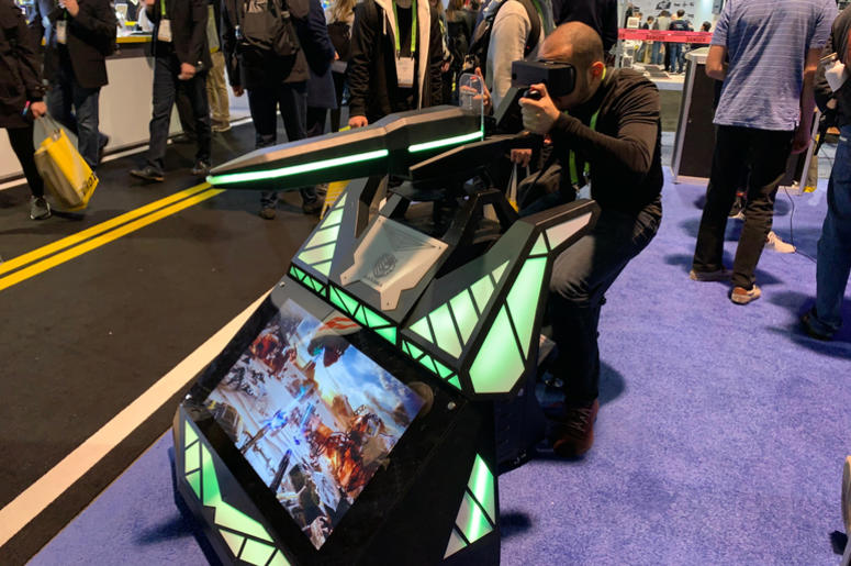Scorpion, a mounted machine gun with 3D gaming experience made by VR Leo USA for the virtual reality game Black Shield, at the Consumer Electronics Show (CES) in Las Vegas. Scorpion, a mounted machine gun with 3D gaming experience made by VR Leo USA for the virtual reality game Black Shield, at the Consumer Electronics Show (CES) in Las Vegas.