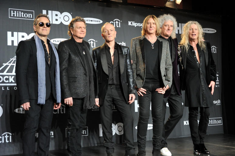 Def Leopard (L_R: Vivian Campbell, Rick Allen, Phil Collen, Joe Elliott, Brian May of Queen, and Rick Savage) in the press room at the 2019 Rock and Roll Hall of Fame Induction Ceremony at the Barclays Center in Brooklyn, NY on March 29, 2019. Def Leopard (L_R: Vivian Campbell, Rick Allen, Phil Collen, Joe Elliott, Brian May of Queen, and Rick Savage) in the press room at the 2019 Rock and Roll Hall of Fame Induction Ceremony at the Barclays Center in Brooklyn, NY on March 29, 2019.