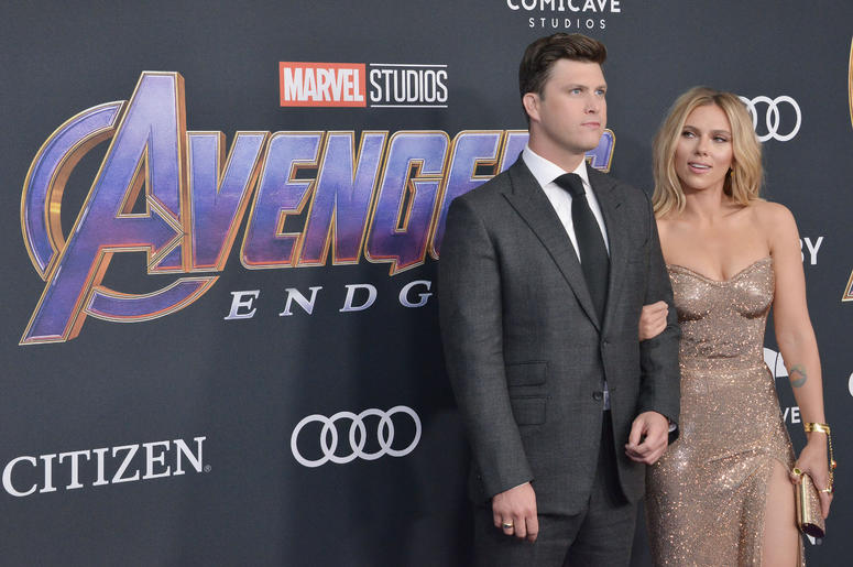 (L-R) Colin Jost and Scarlett Johansson at Marvel Studios' "Avengers: Endgame" World Premiere held at the Los Angeles Convention Center in Los Angeles, CA on Monday, April 22, 2019. (L-R) Colin Jost and Scarlett Johansson at Marvel Studios' "Avengers: Endgame" World Premiere held at the Los Angeles Convention Center in Los Angeles, CA on Monday, April 22, 2019.