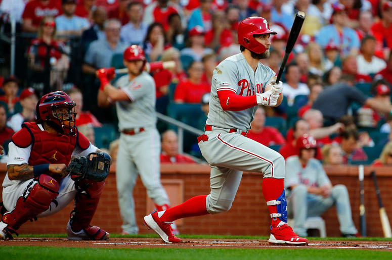 ST. LOUIS, MO - MAY 6: Bryce Harper #3 of the the Philadelphia Phillies hits into a double play in the first inning against the St. Louis Cardinals at Busch Stadium on May 6, 2019 in St. Louis, Missouri.