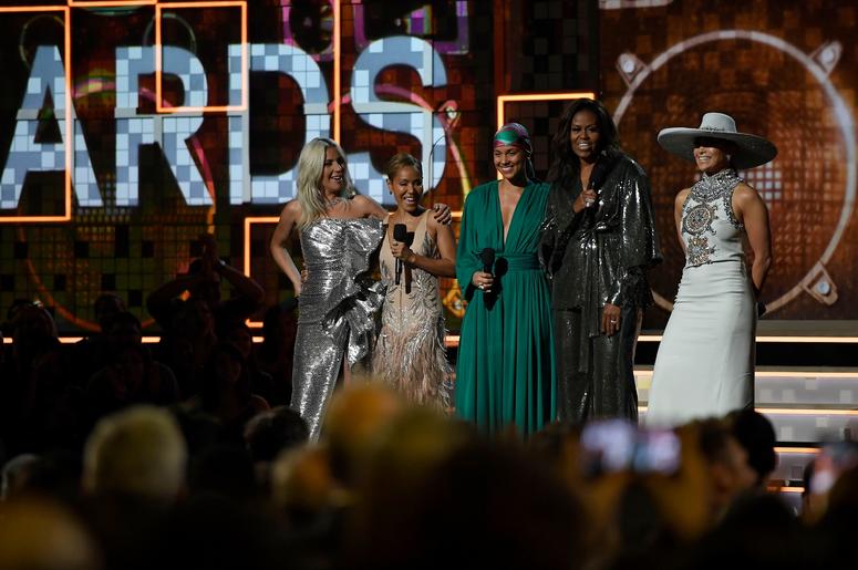 Lady Gaga, Jada Pinkett Smith, host Alicia Keys, Michelle Obama, and Jennifer Lopez speak onstage during the 61st Annual GRAMMY Awards Lady Gaga, Jada Pinkett Smith, host Alicia Keys, Michelle Obama, and Jennifer Lopez speak onstage during the 61st Annual GRAMMY Awards