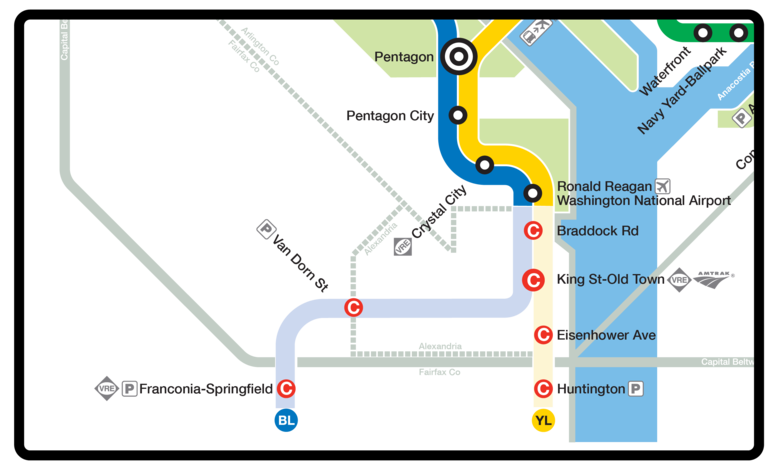 The yellow and blue lines will not service stations past Ronald Reagan Airport. The yellow and blue lines will not service stations past Ronald Reagan Airport.