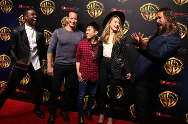 Aquaman Cast Actors Yahya Abdul-Mateen II, Patrick Wilson, director James Wan, actors Amber Heard and Jason Momoa attend attend CinemaCon 2018 Warner Bros on Tuesday, April 24, 2018, in Las Vegas, Nevada.