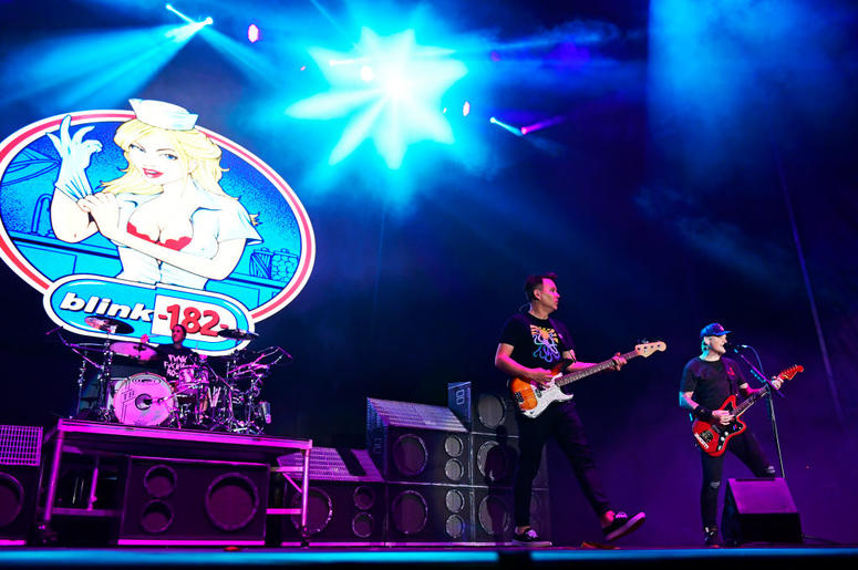 ATLANTIC CITY, NJ - JUNE 30: (L-R) Travis Barker, Mark Hoppus and Matt Skiba of Blink-182 performs during the second and final day of Warped Tour on June 30, 2019 in Atlantic City, New Jersey. (Photo by Corey Perrine/Getty Images) ATLANTIC CITY, NJ - JUNE 30: (L-R) Travis Barker, Mark Hoppus and Matt Skiba of Blink-182 performs during the second and final day of Warped Tour on June 30, 2019 in Atlantic City, New Jersey. (Photo by Corey Perrine/Getty Images)