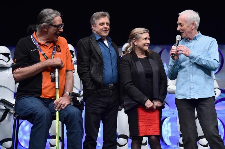 ANAHEIM, CA - APRIL 16: (L-R) Actors Peter Mayhew, Mark Hamill, Carrie Fisher and Anthony Daniels speak onstage during Star Wars Celebration 2015 on April 16, 2015 in Anaheim, California. (Photo by Alberto E. Rodriguez/Getty Images for Disney) ANAHEIM, CA - APRIL 16: (L-R) Actors Peter Mayhew, Mark Hamill, Carrie Fisher and Anthony Daniels speak onstage during Star Wars Celebration 2015 on April 16, 2015 in Anaheim, California. (Photo by Alberto E. Rodriguez/Getty Images for Disney)