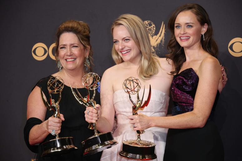 Sep 17, 2017; Los Angeles, CA, USA; From left, Ann Dowd , Elizabeth Moss and Alexis Bledel pose with their awards for Outstanding Drama Series for 'The Handmaid's Tale' in the trophy room during the 69th Emmy Awards at the Microsoft Theater. Mandatory Cre Sep 17, 2017; Los Angeles, CA, USA; From left, Ann Dowd , Elizabeth Moss and Alexis Bledel pose with their awards for Outstanding Drama Series for 'The Handmaid's Tale' in the trophy room during the 69th Emmy Awards at the Microsoft Theater. Mandatory Cre
