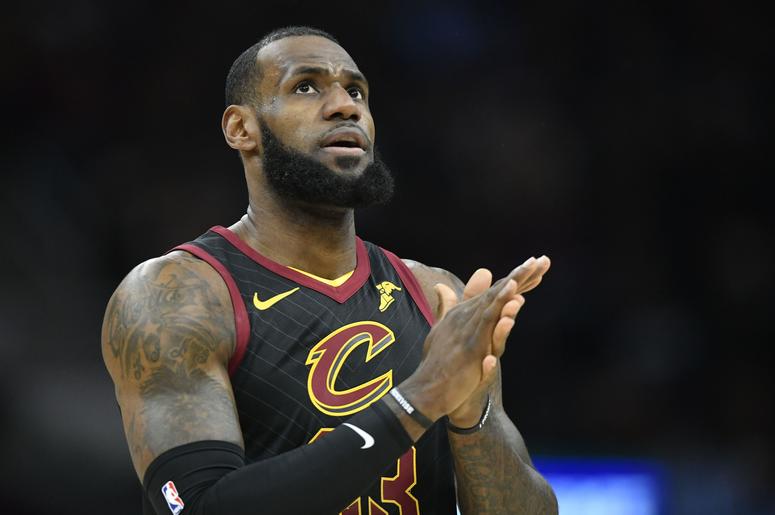 Apr 25, 2018; Cleveland, OH, USA; Cleveland Cavaliers forward LeBron James (23) reacts in the first quarter against the Indiana Pacers in game five of the first round of the 2018 NBA Playoffs at Quicken Loans Arena. Mandatory Credit: David Richard-USA TOD Apr 25, 2018; Cleveland, OH, USA; Cleveland Cavaliers forward LeBron James (23) reacts in the first quarter against the Indiana Pacers in game five of the first round of the 2018 NBA Playoffs at Quicken Loans Arena. Mandatory Credit: David Richard-USA TOD