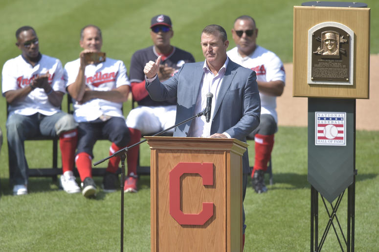 Aug 18, 2018; Cleveland, OH, USA; Former Cleveland Indians player Jim Thome speaks during his uniform number retirement ceremony at Progressive Field. Mandatory Credit: David Richard-USA TODAY Sports Aug 18, 2018; Cleveland, OH, USA; Former Cleveland Indians player Jim Thome speaks during his uniform number retirement ceremony at Progressive Field. Mandatory Credit: David Richard-USA TODAY Sports