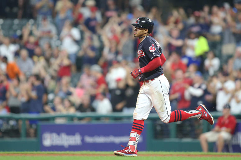 Sep 20, 2018; Cleveland, OH, USA; Cleveland Indians shortstop Francisco Lindor (12) circles the bases on a solo home run against the Chicago White Sox during the third inning at Progressive Field. The White Sox won 5-4 in eleven innings. Mandatory Credit: Sep 20, 2018; Cleveland, OH, USA; Cleveland Indians shortstop Francisco Lindor (12) circles the bases on a solo home run against the Chicago White Sox during the third inning at Progressive Field. The White Sox won 5-4 in eleven innings. Mandatory Credit: