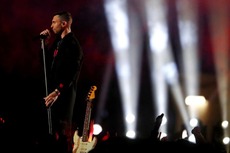 Feb 3, 2019; Atlanta, GA, USA; Maroon 5 lead singer Adam Levine performs during the half show in Super Bowl LIII between the New England Patriots and the Los Angeles Rams at Mercedes-Benz Stadium. Mandatory Credit: Matthew Emmons-USA TODAY Sports Feb 3, 2019; Atlanta, GA, USA; Maroon 5 lead singer Adam Levine performs during the half show in Super Bowl LIII between the New England Patriots and the Los Angeles Rams at Mercedes-Benz Stadium. Mandatory Credit: Matthew Emmons-USA TODAY Sports