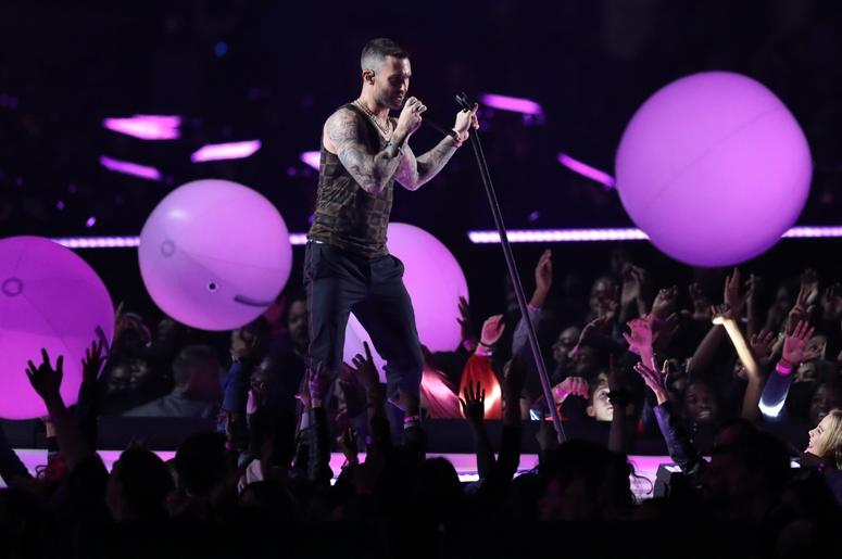 Feb 3, 2019; Atlanta, GA, USA; Maroon 5 lead singer Adam Levine performs during halftime of Super Bowl LIII between the New England Patriots and the Los Angeles Rams at Mercedes-Benz Stadium. Mandatory Credit: Jason Getz-USA TODAY Sports Feb 3, 2019; Atlanta, GA, USA; Maroon 5 lead singer Adam Levine performs during halftime of Super Bowl LIII between the New England Patriots and the Los Angeles Rams at Mercedes-Benz Stadium. Mandatory Credit: Jason Getz-USA TODAY Sports