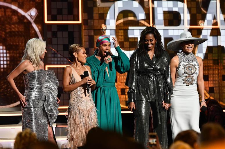 February 10, 2019; Los Angeles, CA, USA; (From Left) Lady Gaga, Jada Pinkett-Smith, Alicia Keys and Michelle Obama and Jennifer Lopez appear during the 61st Annual GRAMMY Awards on Feb. 10, 2019 at STAPLES Center in Los Angeles, Calif. Mandatory Credit: R February 10, 2019; Los Angeles, CA, USA; (From Left) Lady Gaga, Jada Pinkett-Smith, Alicia Keys and Michelle Obama and Jennifer Lopez appear during the 61st Annual GRAMMY Awards on Feb. 10, 2019 at STAPLES Center in Los Angeles, Calif. Mandatory Credit: R