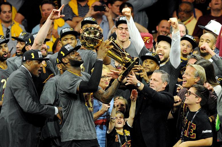 Jun 19, 2016; Oakland, CA, USA; Cleveland Cavaliers forward LeBron James (23) celebratew with the Larry O'Brien Championship Trophy after beating the Golden State Warriors in game seven of the NBA Finals at Oracle Arena Jun 19, 2016; Oakland, CA, USA; Cleveland Cavaliers forward LeBron James (23) celebratew with the Larry O'Brien Championship Trophy after beating the Golden State Warriors in game seven of the NBA Finals at Oracle Arena