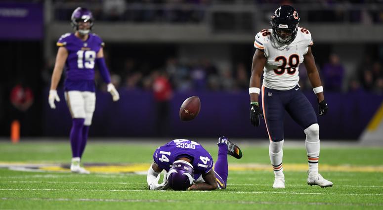 Bears safety Adrian Amos stands over Vikings receiver Stefon Diggs after an incomplete pass. Bears safety Adrian Amos stands over Vikings receiver Stefon Diggs after an incomplete pass.
