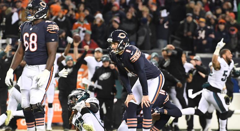 Bears kicker Cody Parkey (1) reacts after missing a field goal against the Eagles in the waning seconds. Bears kicker Cody Parkey (1) reacts after missing a field goal against the Eagles in the waning seconds.