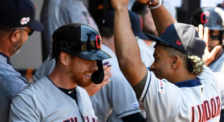Indians right fielder Jordan Luplow, left, and shortstop Francisco Lindor celebrate after Luplow homered. Indians right fielder Jordan Luplow, left, and shortstop Francisco Lindor celebrate after Luplow homered.