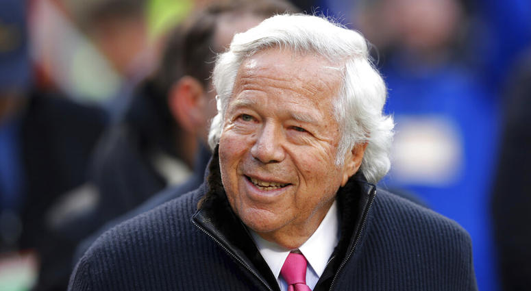 In this Jan. 20, 2019, file photo, New England Patriots owner Robert Kraft walks on the field before the AFC Championship NFL football game between the Kansas City Chiefs and the New England Patriots, in Kansas City, Mo. In this Jan. 20, 2019, file photo, New England Patriots owner Robert Kraft walks on the field before the AFC Championship NFL football game between the Kansas City Chiefs and the New England Patriots, in Kansas City, Mo.